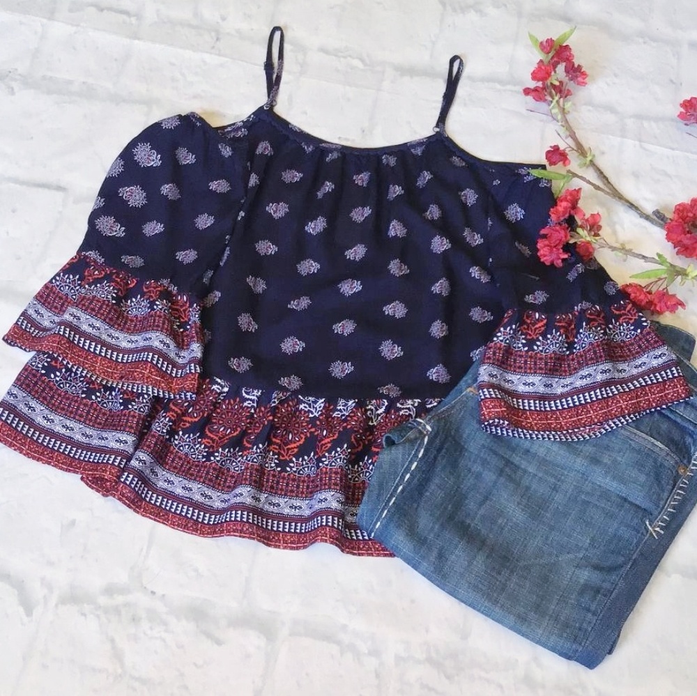 LAST 1 ❗SKIES ARE BLUE Boho Navy Cold Shoulder Top - Picture 8 of 8